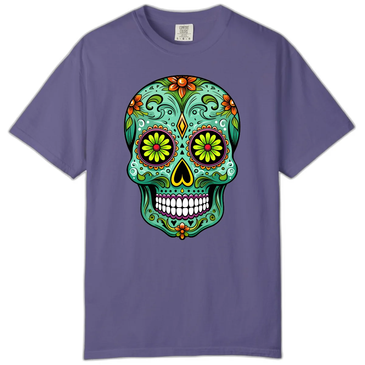 Vibrant Floral Sugar Skull Calavera Art Comfort Color in Grape