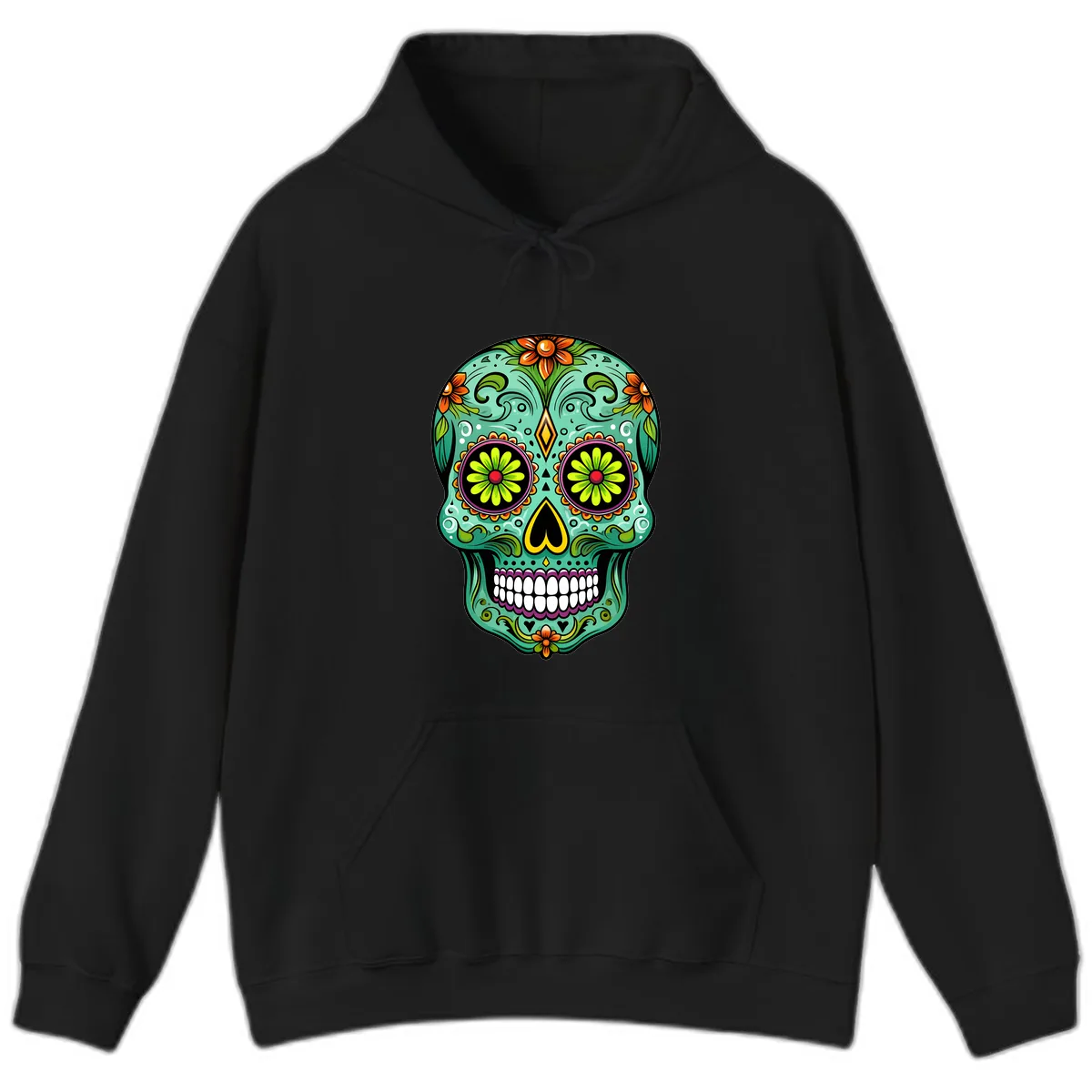 Vibrant Floral Sugar Skull Calavera Art Hoodie in Black