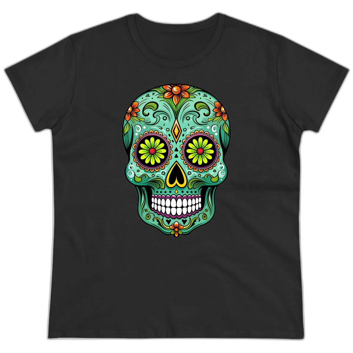 Vibrant Floral Sugar Skull Calavera Art Ladies Tee in Black