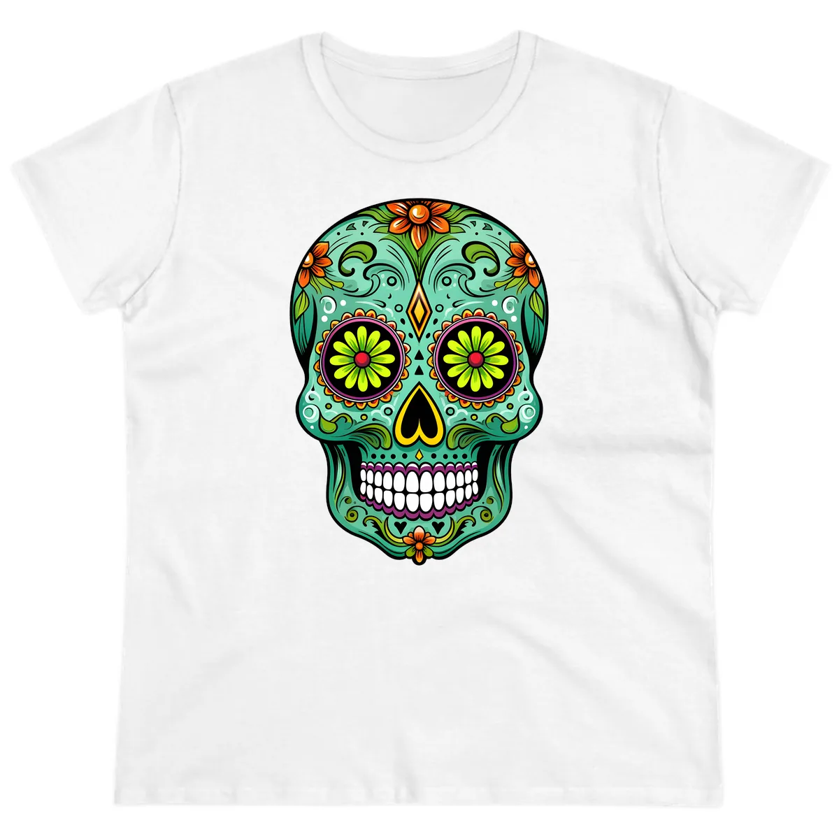Vibrant Floral Sugar Skull Calavera Art Ladies Tee in White