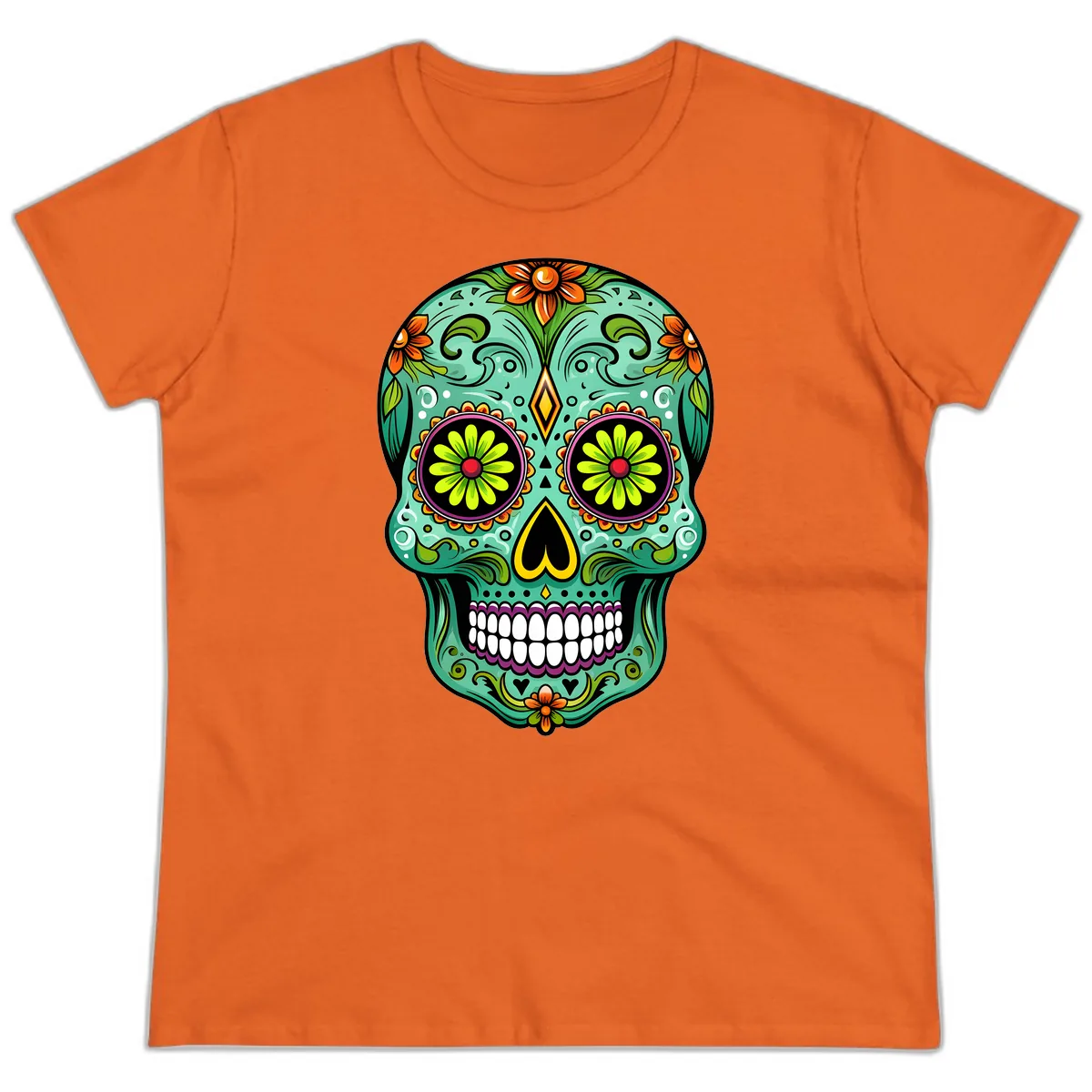Vibrant Floral Sugar Skull Calavera Art Ladies Tee in Orange