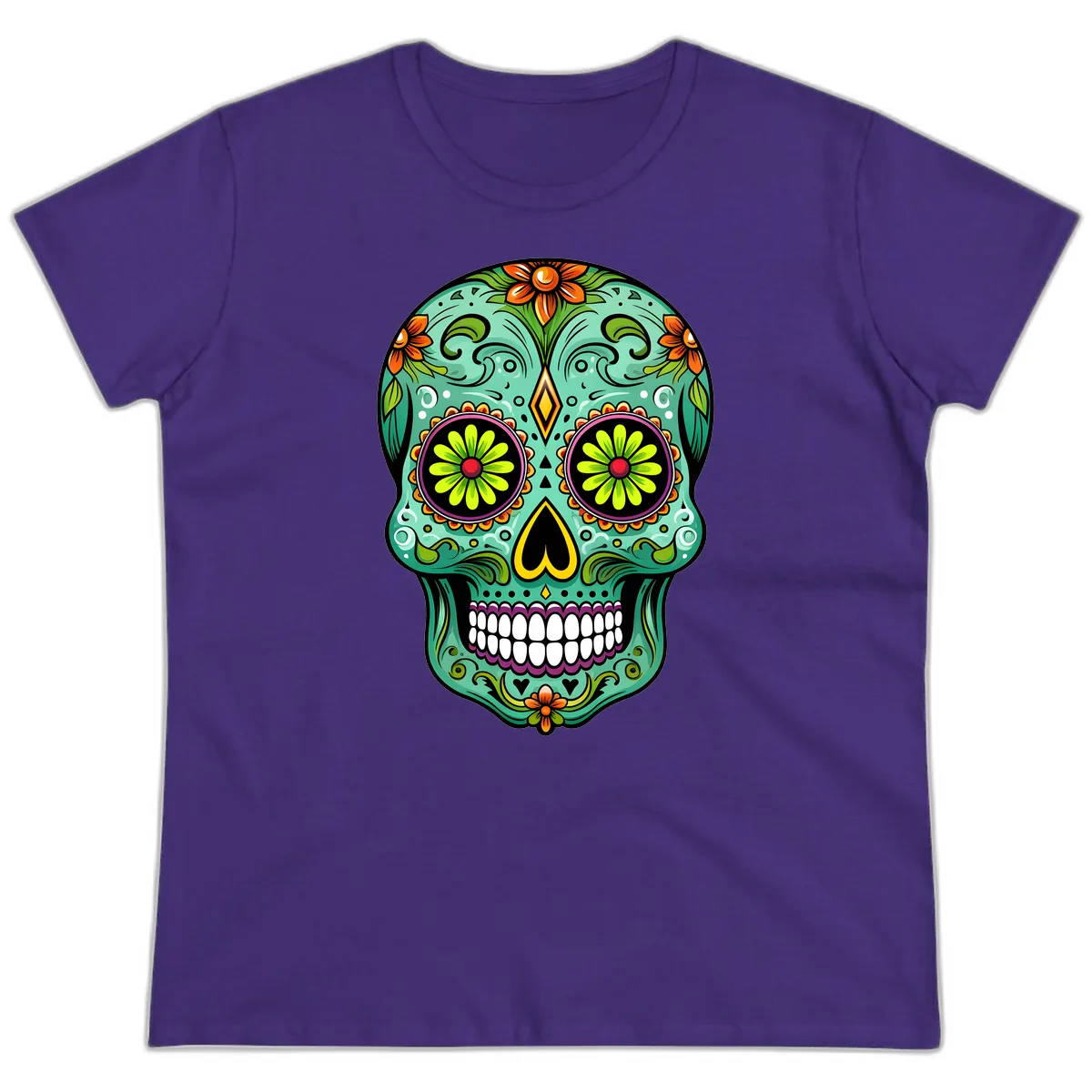 Vibrant Floral Sugar Skull Calavera Art Ladies Tee in Purple