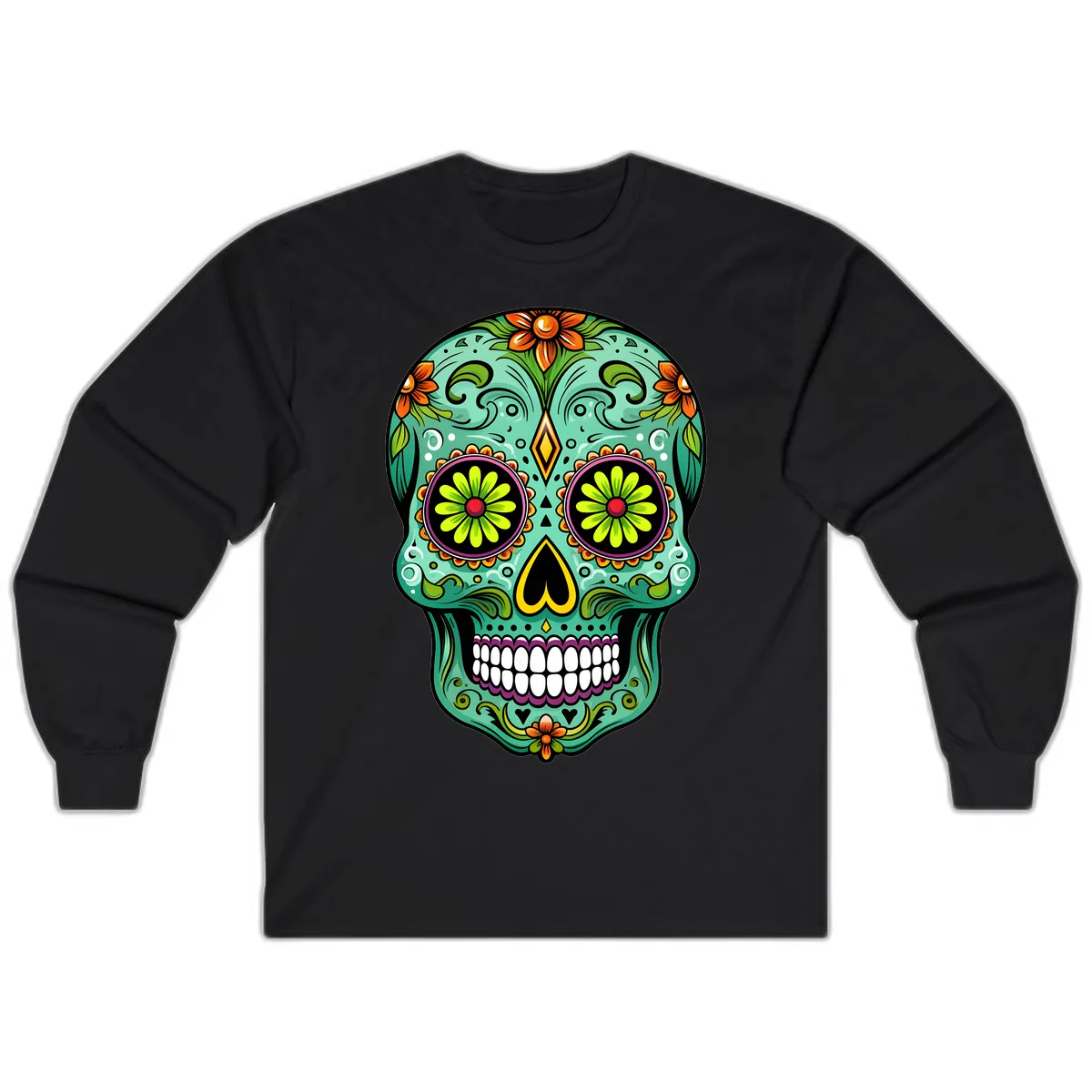 Vibrant Floral Sugar Skull Calavera Art Long Sleeve in Black