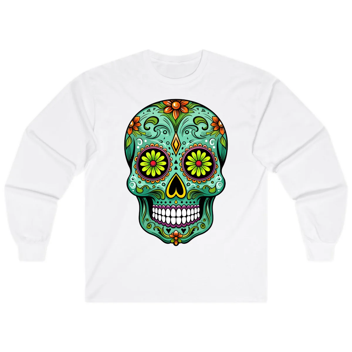 Vibrant Floral Sugar Skull Calavera Art Long Sleeve in White