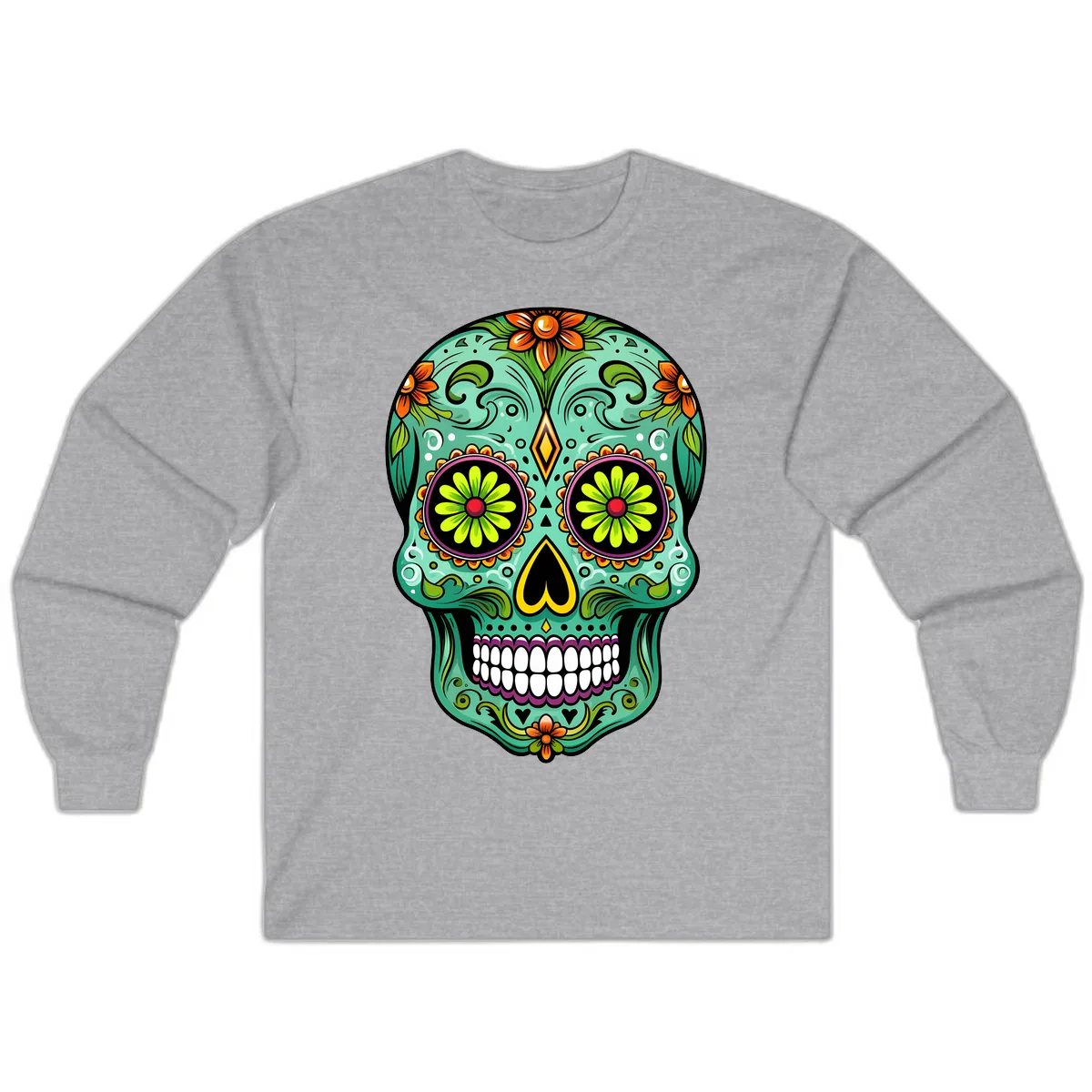 Vibrant Floral Sugar Skull Calavera Art Long Sleeve in Sport Grey
