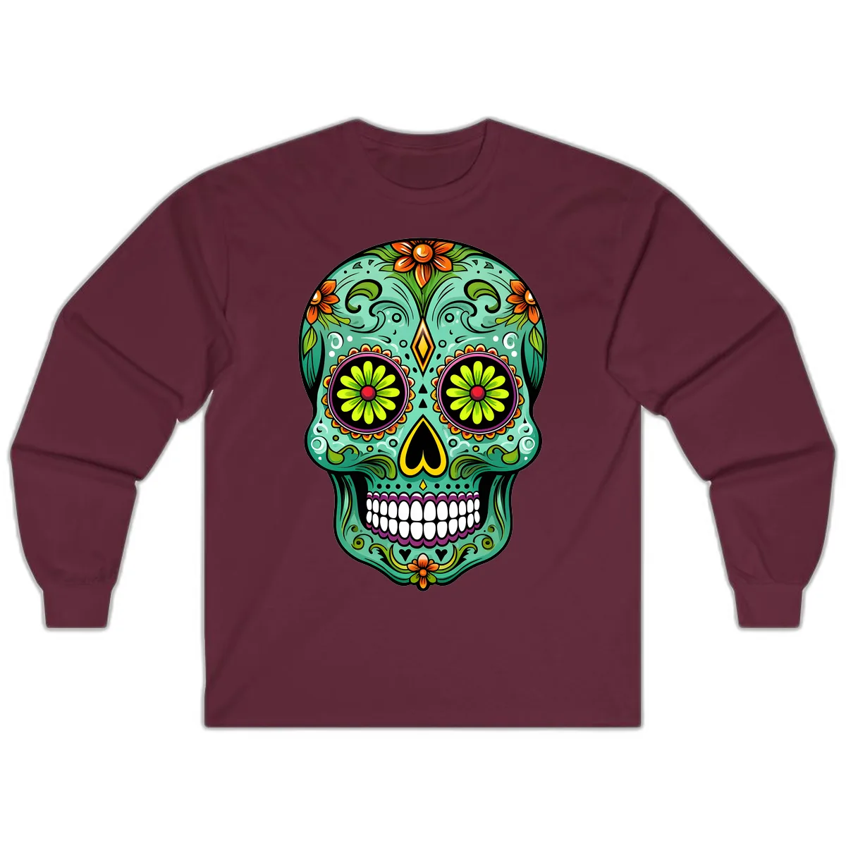 Vibrant Floral Sugar Skull Calavera Art Long Sleeve in Maroon