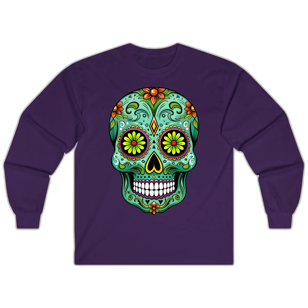 Vibrant Floral Sugar Skull Calavera Art Long Sleeve in Purple
