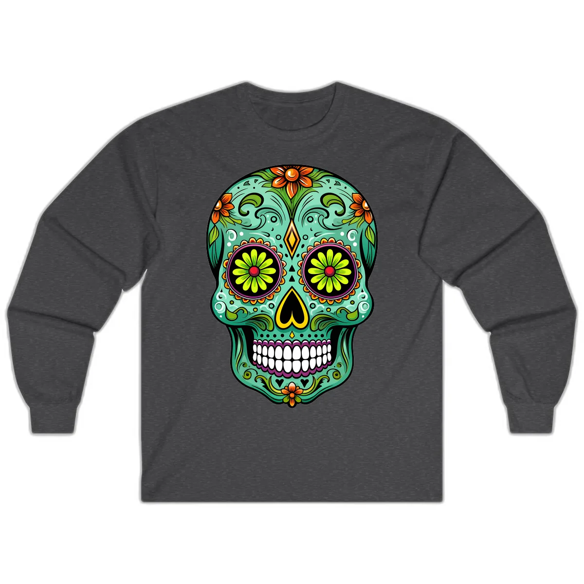 Vibrant Floral Sugar Skull Calavera Art Long Sleeve in Dark Heather