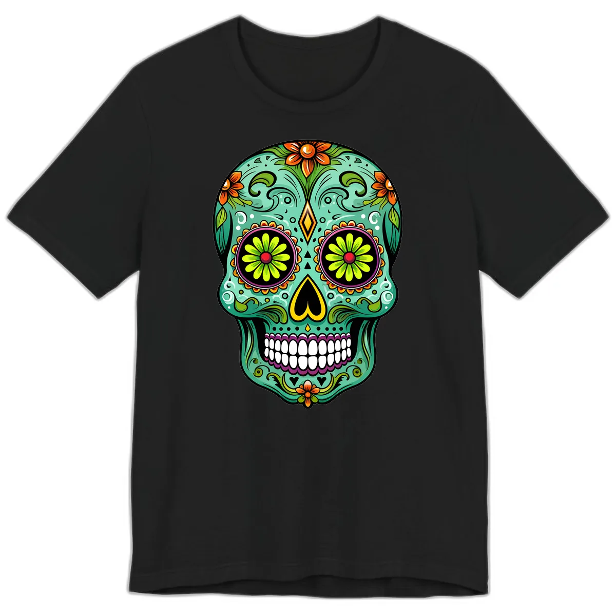 Vibrant Floral Sugar Skull Calavera Art Premium T-Shirt in Black