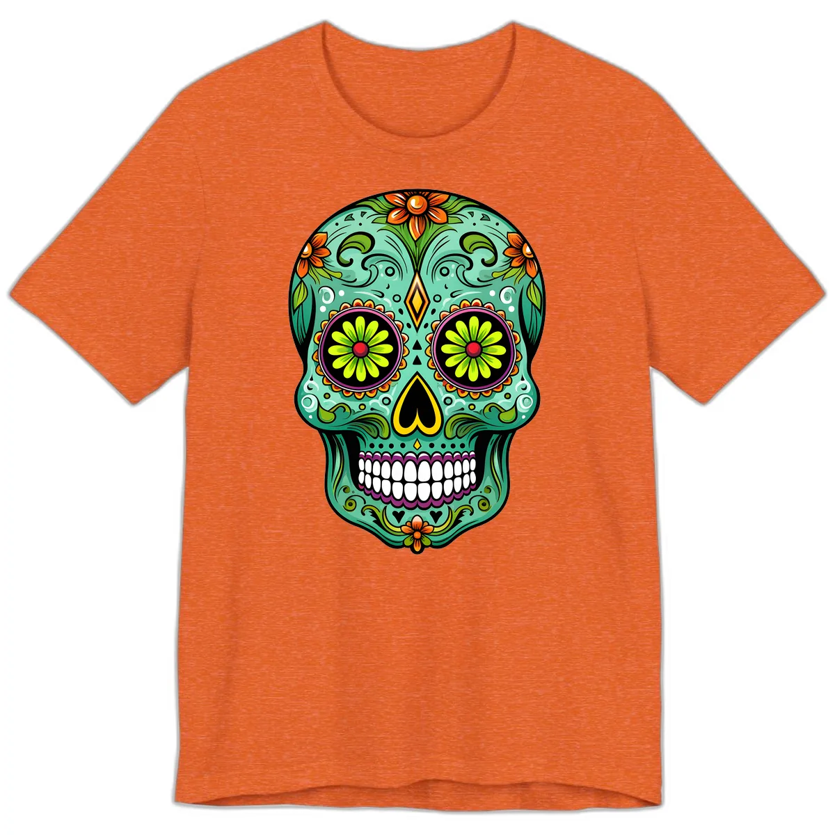 Vibrant Floral Sugar Skull Calavera Art Premium T-Shirt in Heather Orange