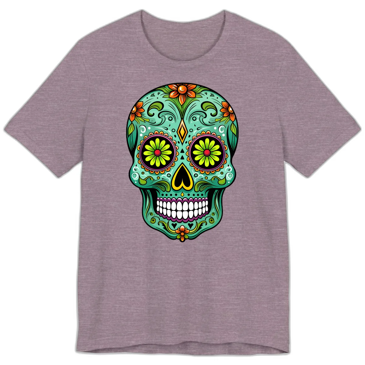 Vibrant Floral Sugar Skull Calavera Art Premium T-Shirt in Heather Purple