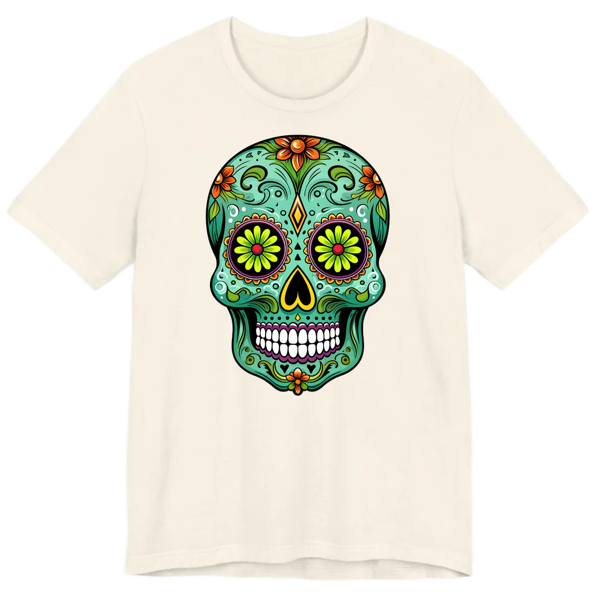 Vibrant Floral Sugar Skull Calavera Art Premium T-Shirt in Natural