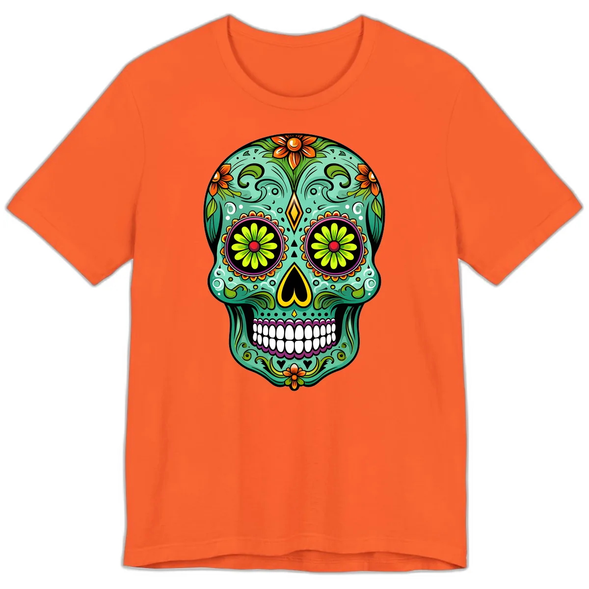 Vibrant Floral Sugar Skull Calavera Art Premium T-Shirt in Orange