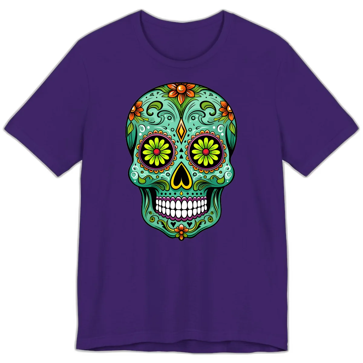Vibrant Floral Sugar Skull Calavera Art Premium T-Shirt in Team Purple