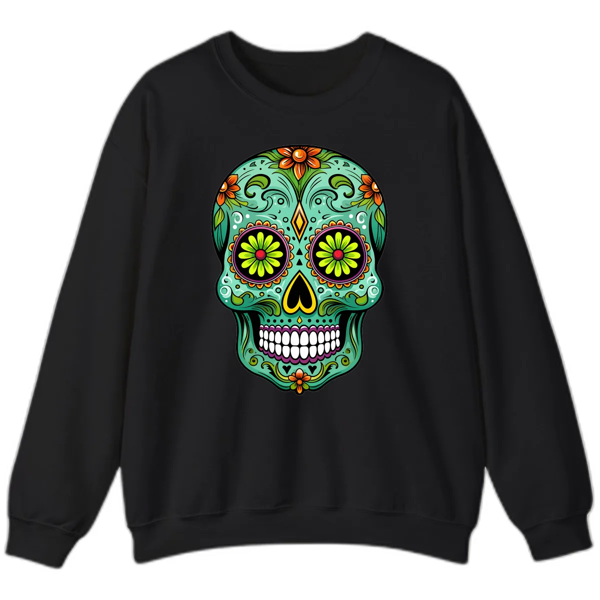 Vibrant Floral Sugar Skull Calavera Art Sweatshirt in Black