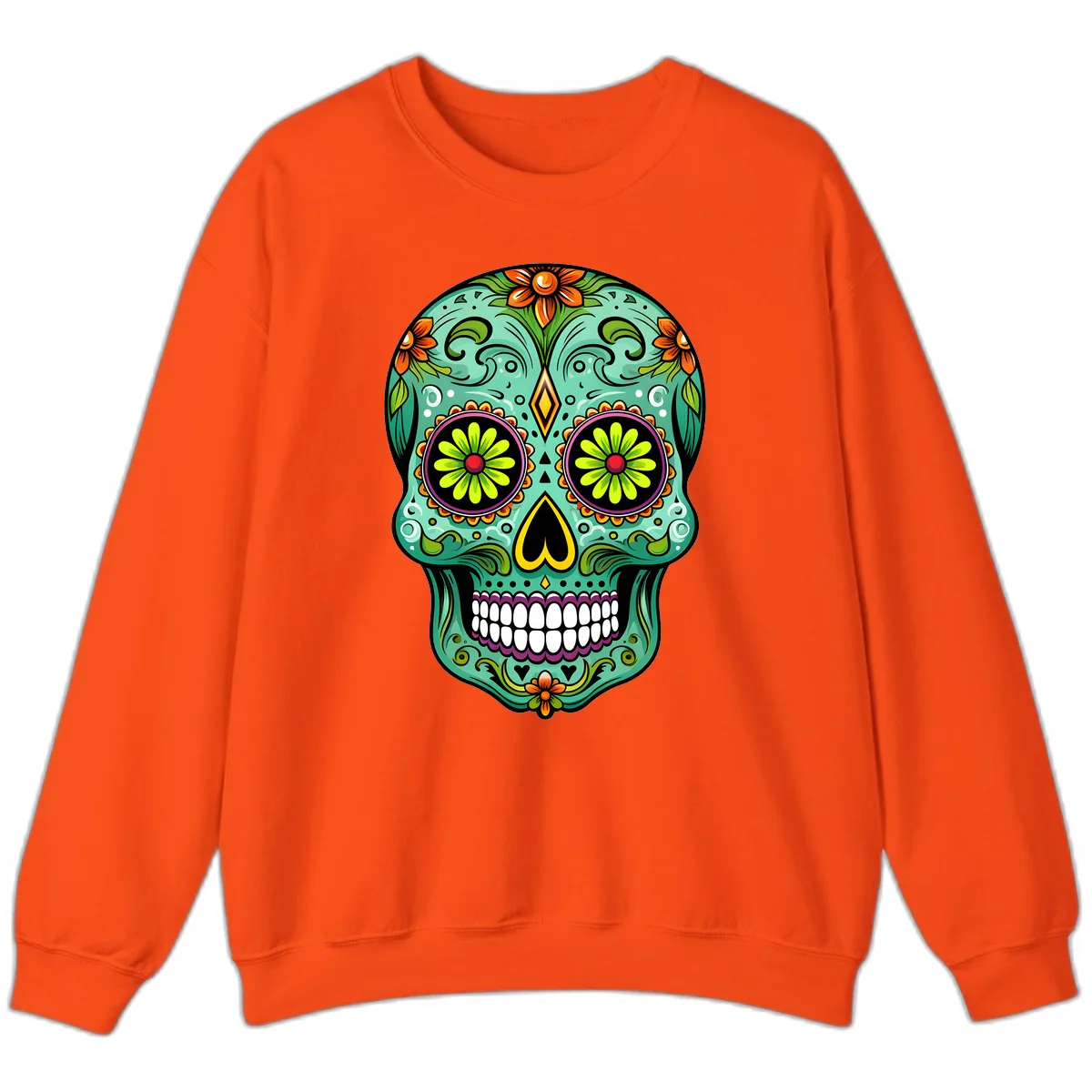Vibrant Floral Sugar Skull Calavera Art Sweatshirt in Orange