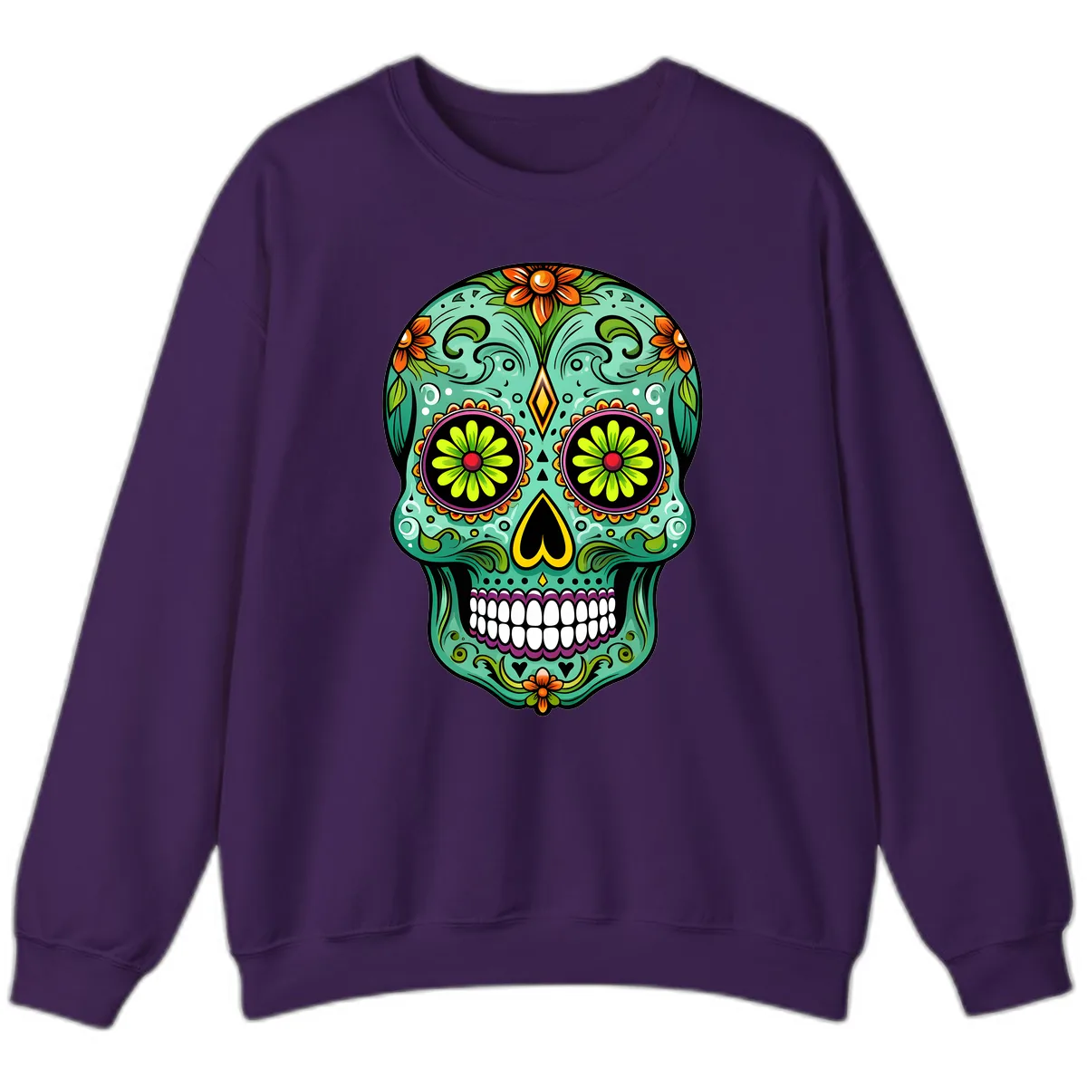 Vibrant Floral Sugar Skull Calavera Art Sweatshirt in Purple