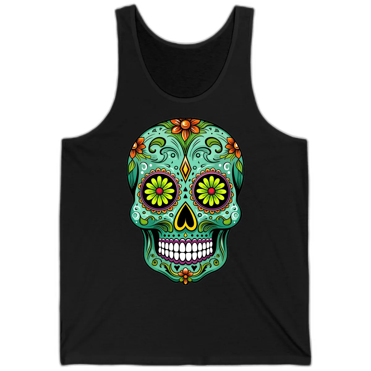 Vibrant Floral Sugar Skull Calavera Art Tank in Black