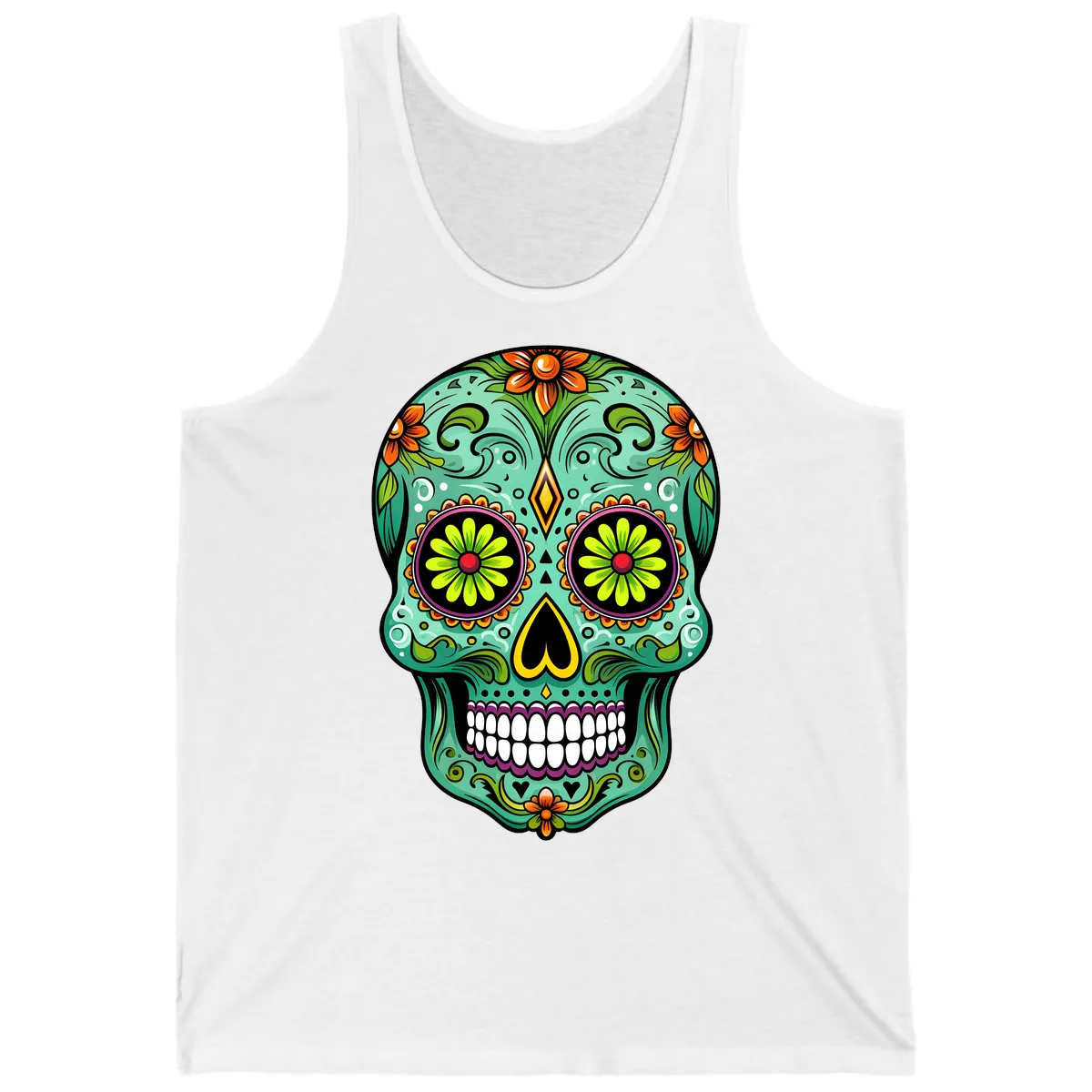 Vibrant Floral Sugar Skull Calavera Art Tank in White