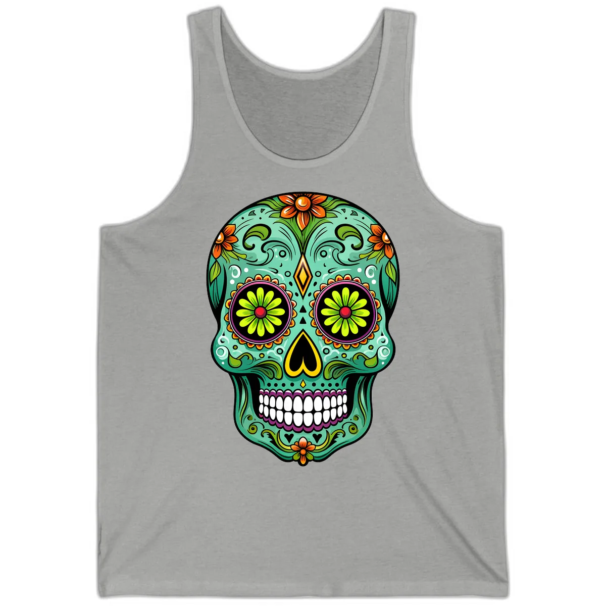 Vibrant Floral Sugar Skull Calavera Art Tank in Athletic Heather