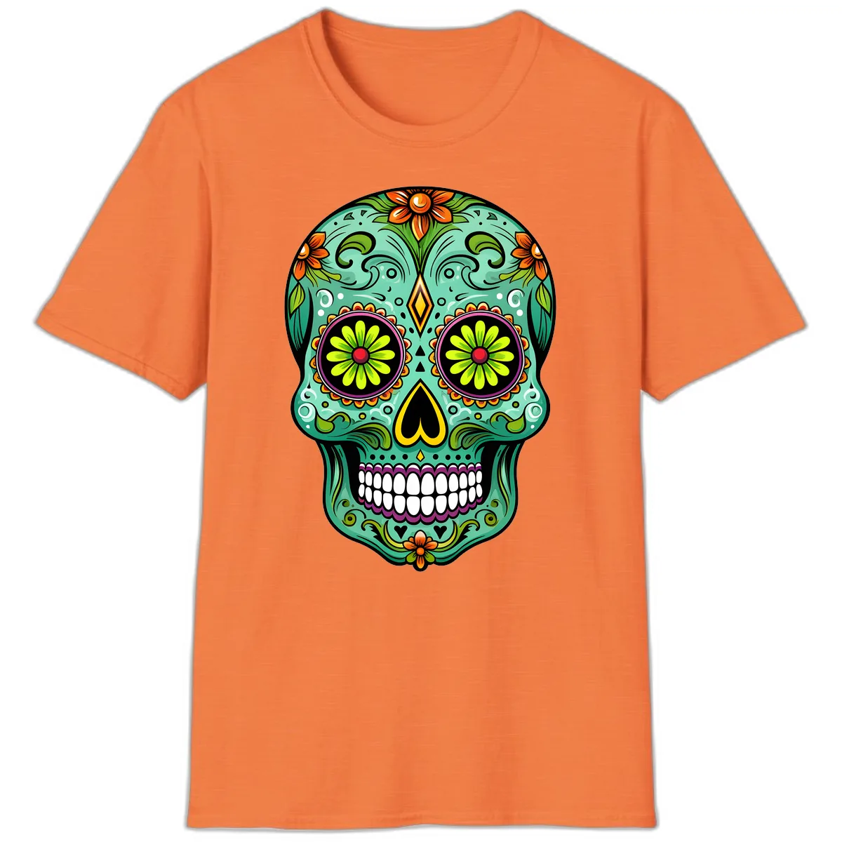 Vibrant Floral Sugar Skull Calavera Art T-Shirt in Heather Orange