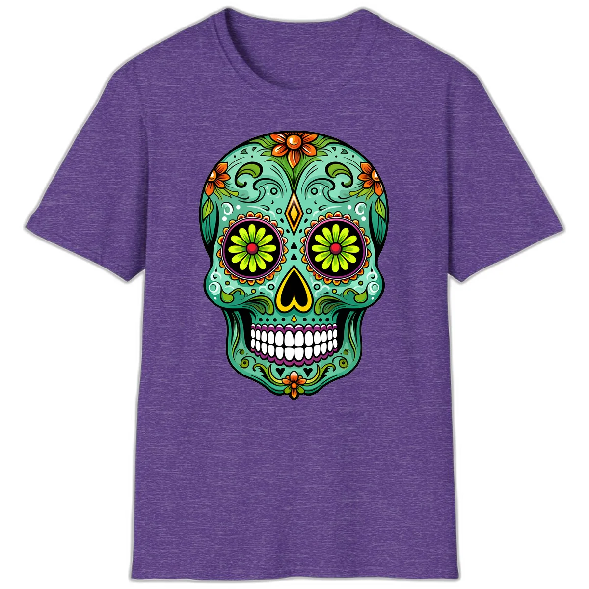 Vibrant Floral Sugar Skull Calavera Art T-Shirt in Heather Purple