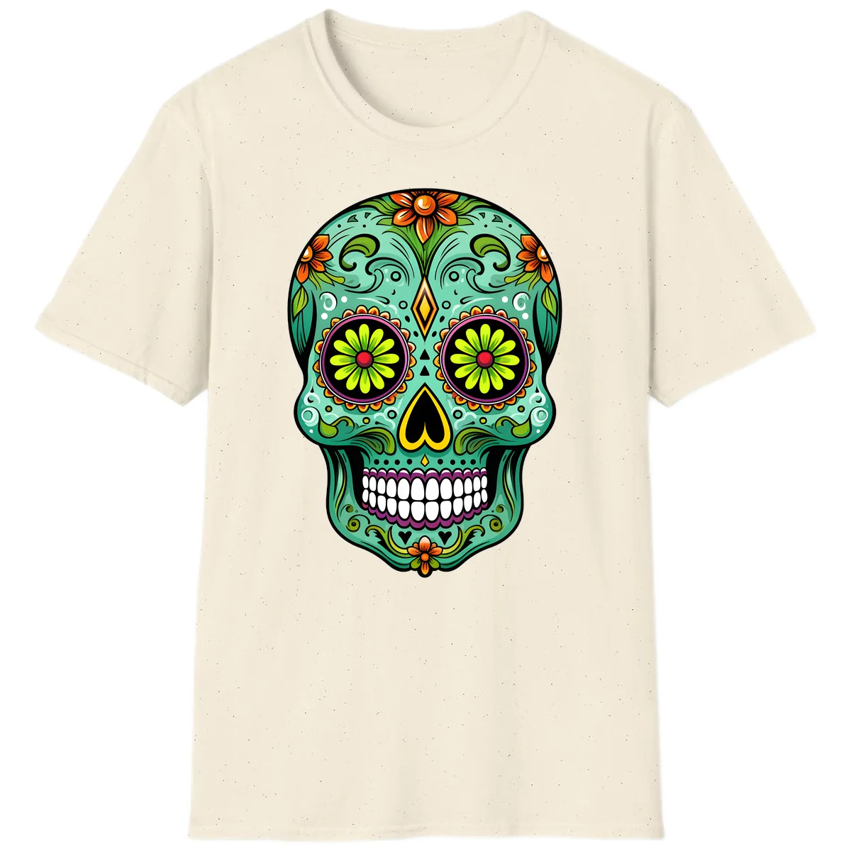 Vibrant Floral Sugar Skull Calavera Art T-Shirt in Natural
