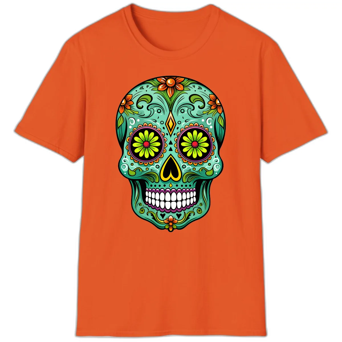 Vibrant Floral Sugar Skull Calavera Art T-Shirt in Orange