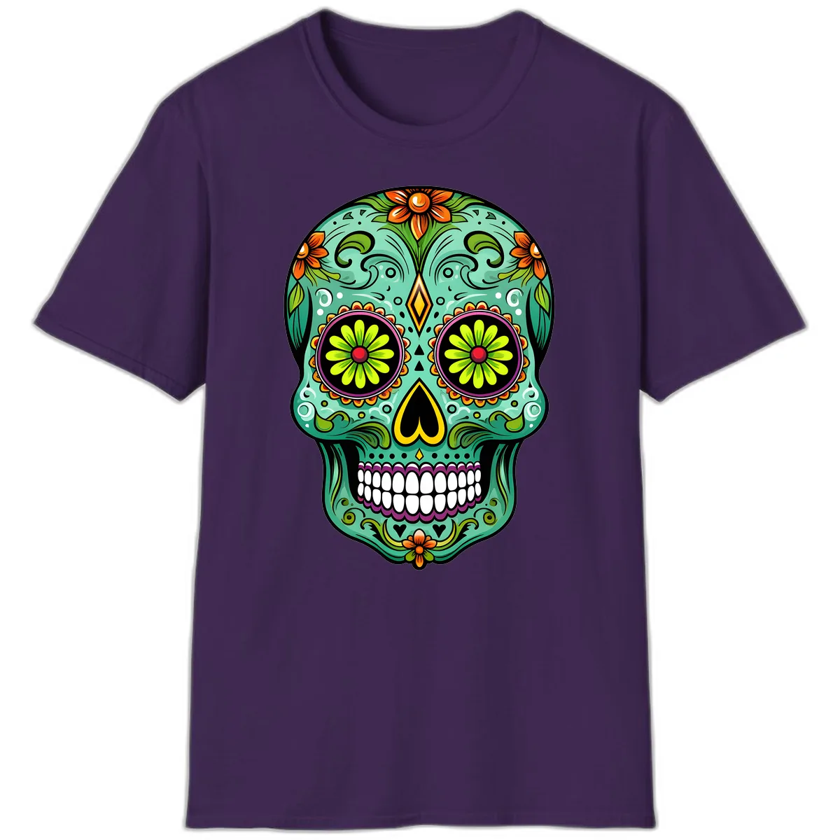 Vibrant Floral Sugar Skull Calavera Art T-Shirt in Purple