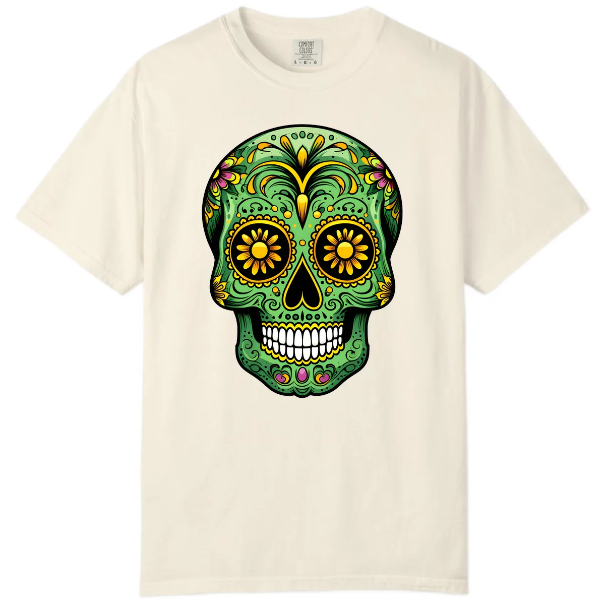 Vibrant Calavera Skull With Floral Accents Comfort Color in Ivory