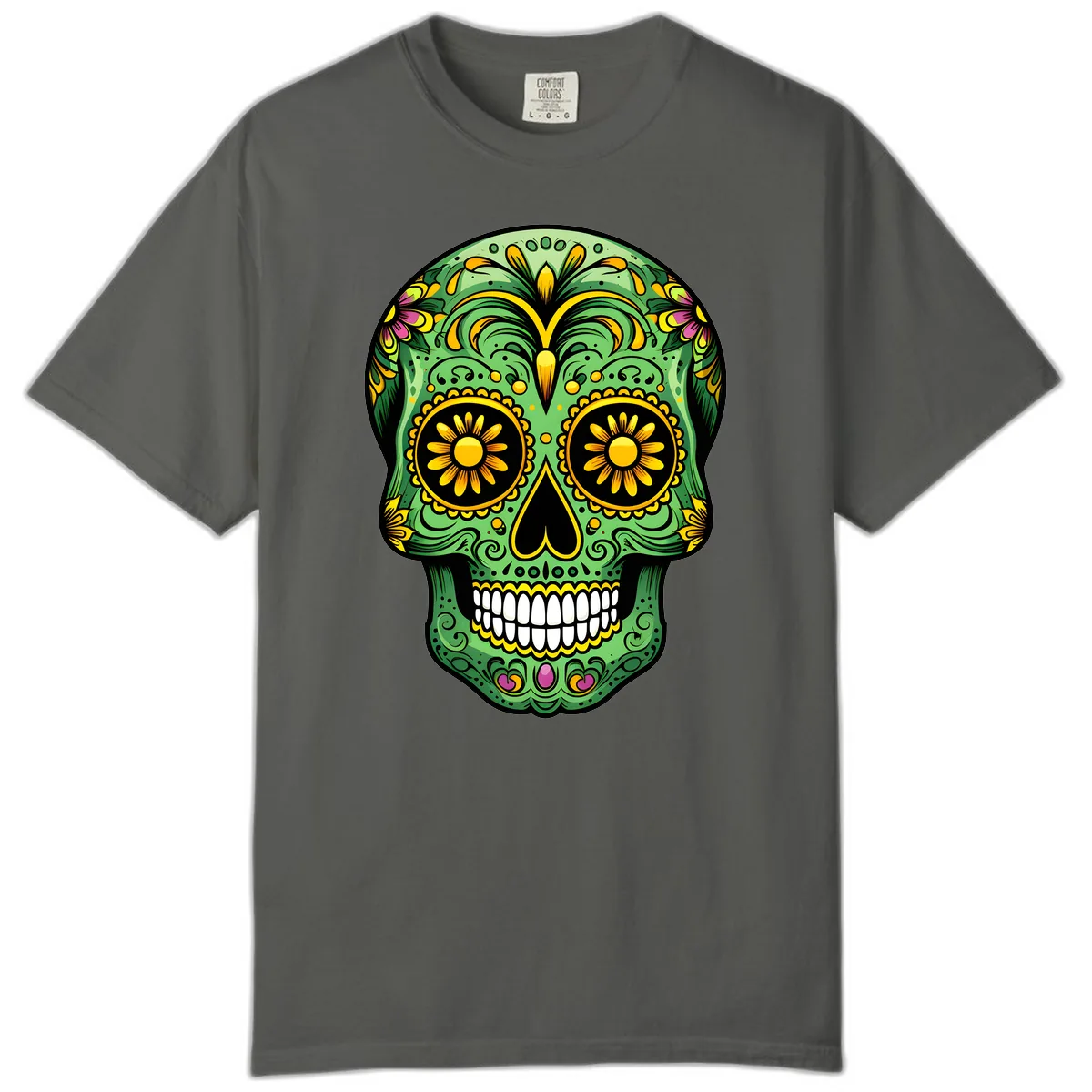 Vibrant Calavera Skull With Floral Accents Comfort Color in Pepper