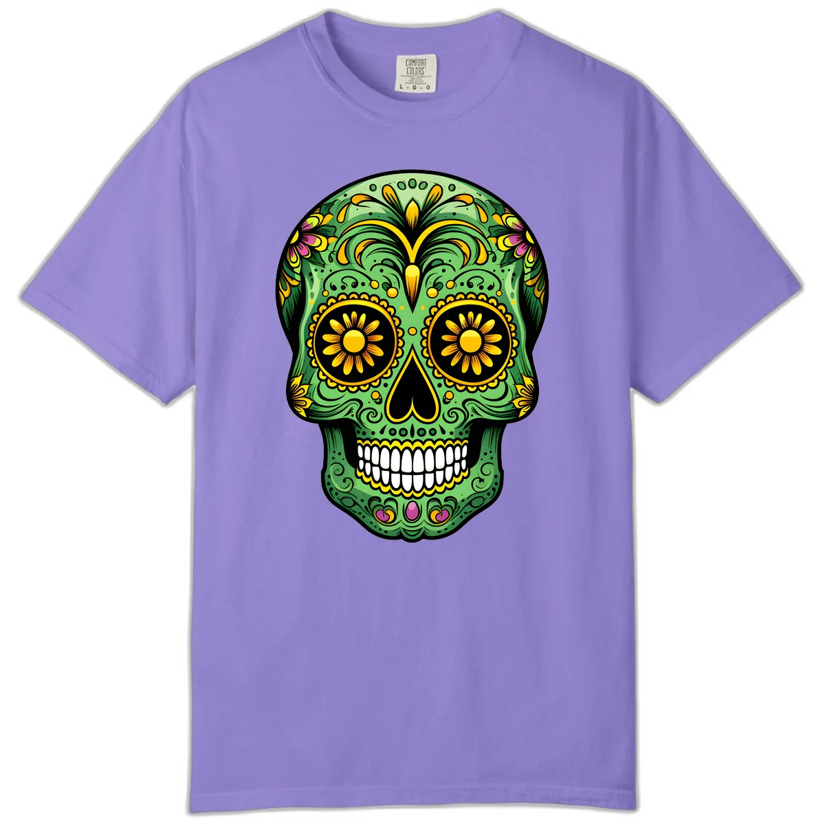 Vibrant Calavera Skull With Floral Accents Comfort Color in Violet