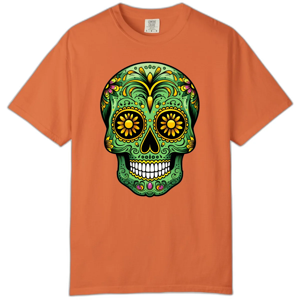 Vibrant Calavera Skull With Floral Accents Comfort Color in Burnt Orange