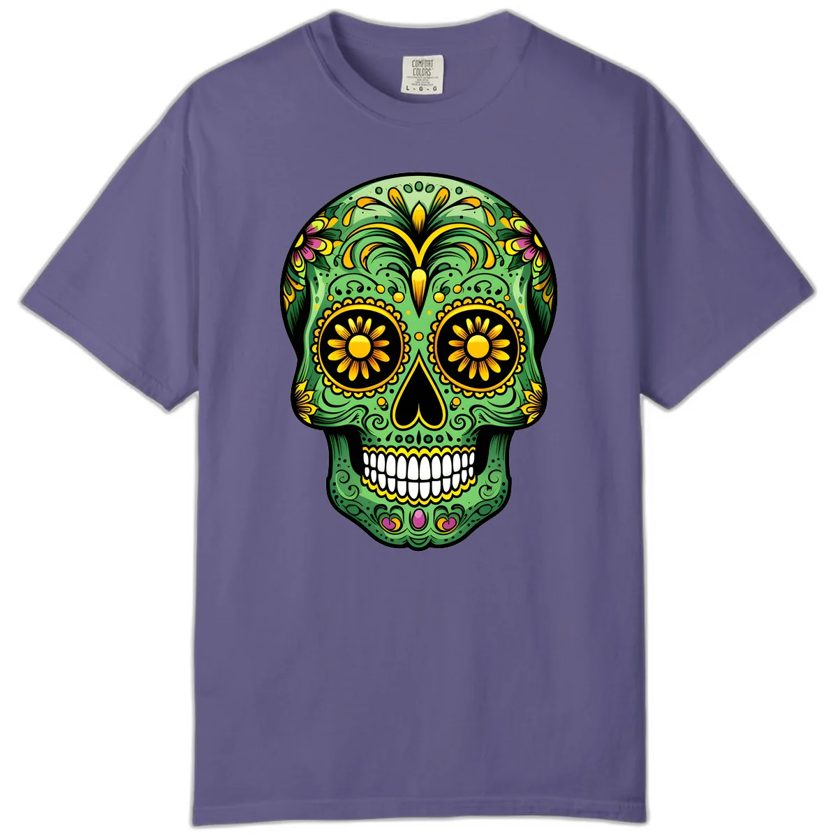 Vibrant Calavera Skull With Floral Accents Comfort Color in Grape