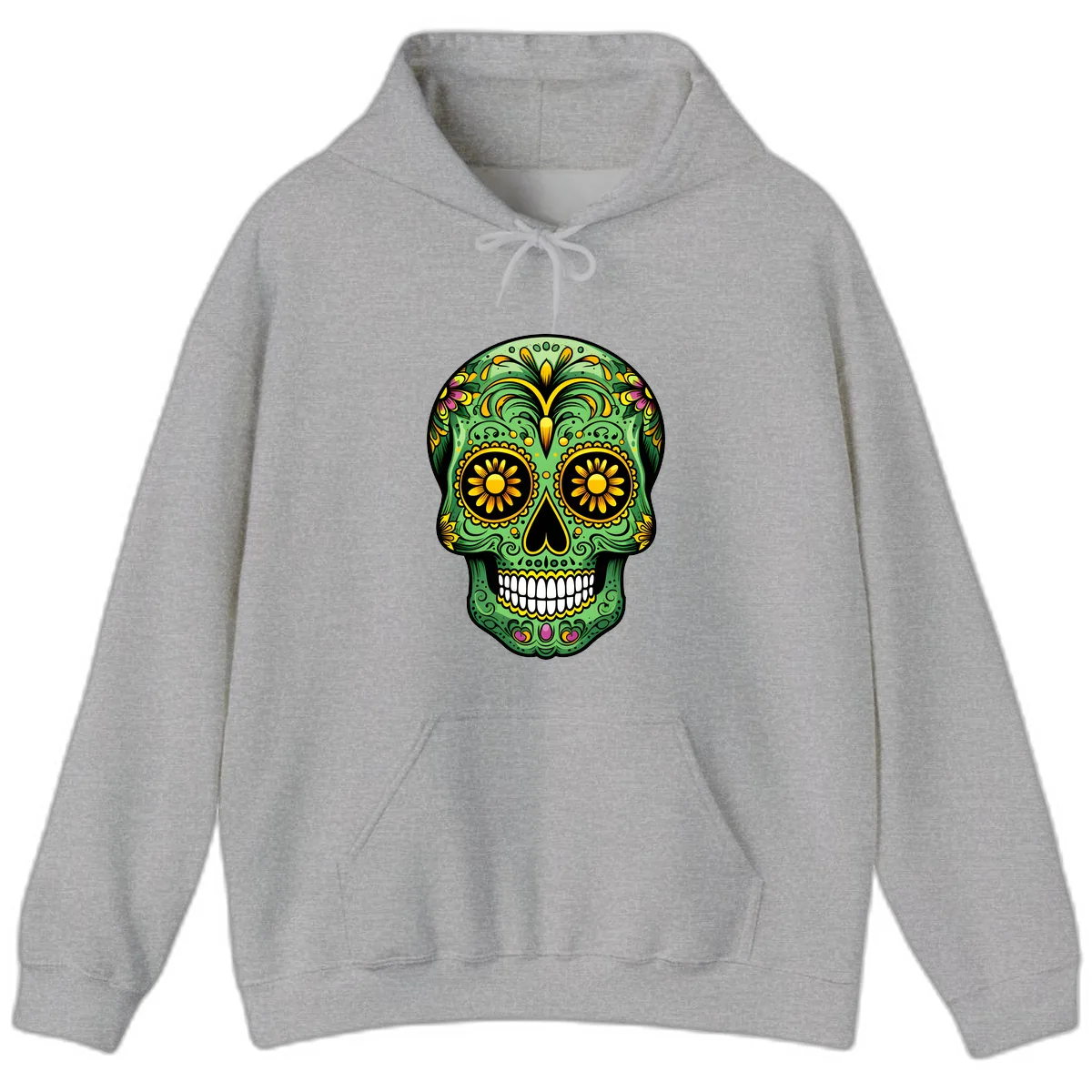 Vibrant Calavera Skull With Floral Accents Hoodie in Sport Grey