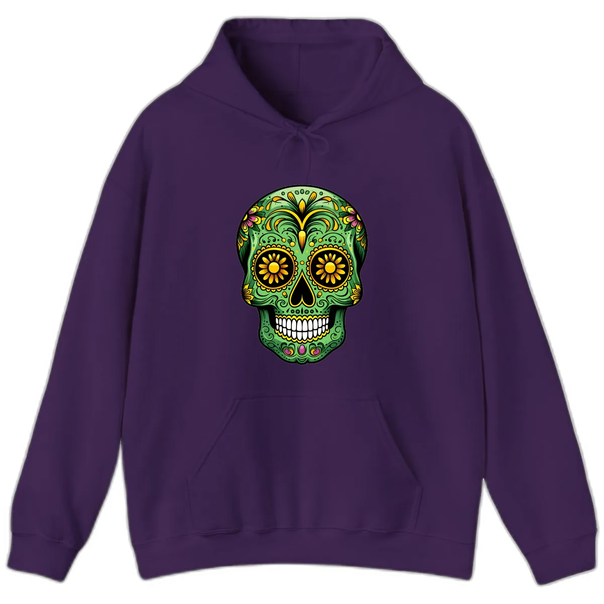 Vibrant Calavera Skull With Floral Accents Hoodie in Purple