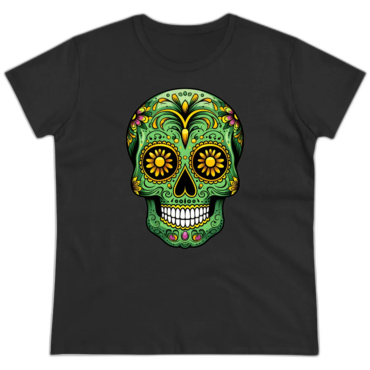 Vibrant Calavera Skull With Floral Accents Ladies Tee in Black