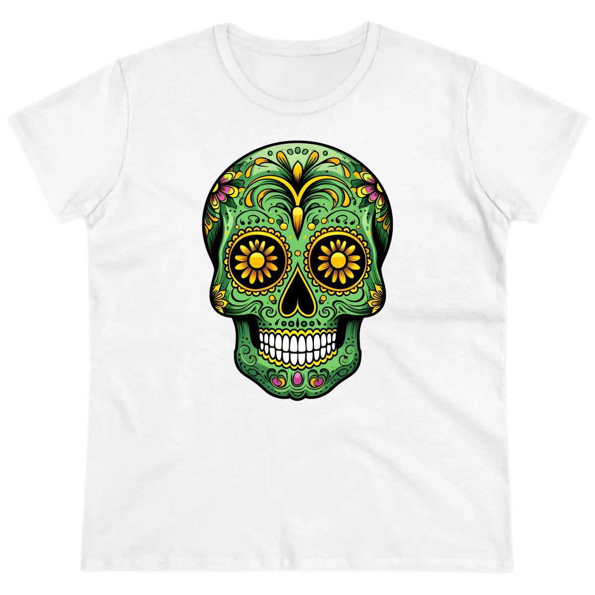 Vibrant Calavera Skull With Floral Accents Ladies Tee in White