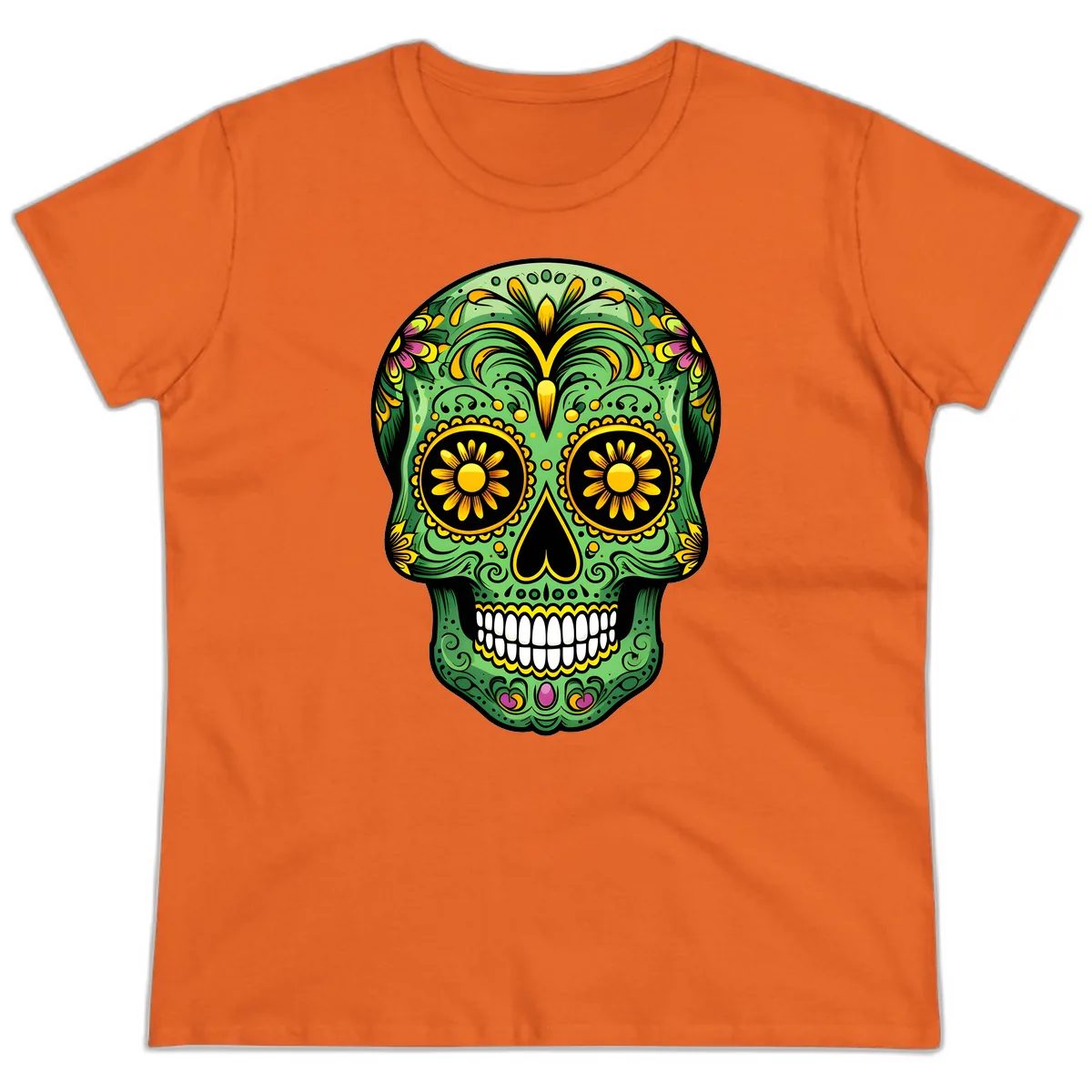 Vibrant Calavera Skull With Floral Accents Ladies Tee in Orange