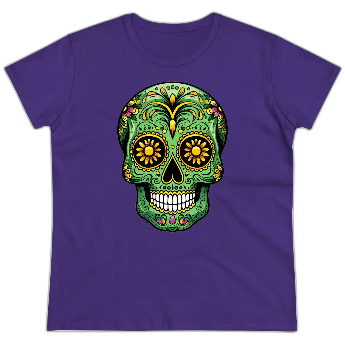 Vibrant Calavera Skull With Floral Accents Ladies Tee in Purple