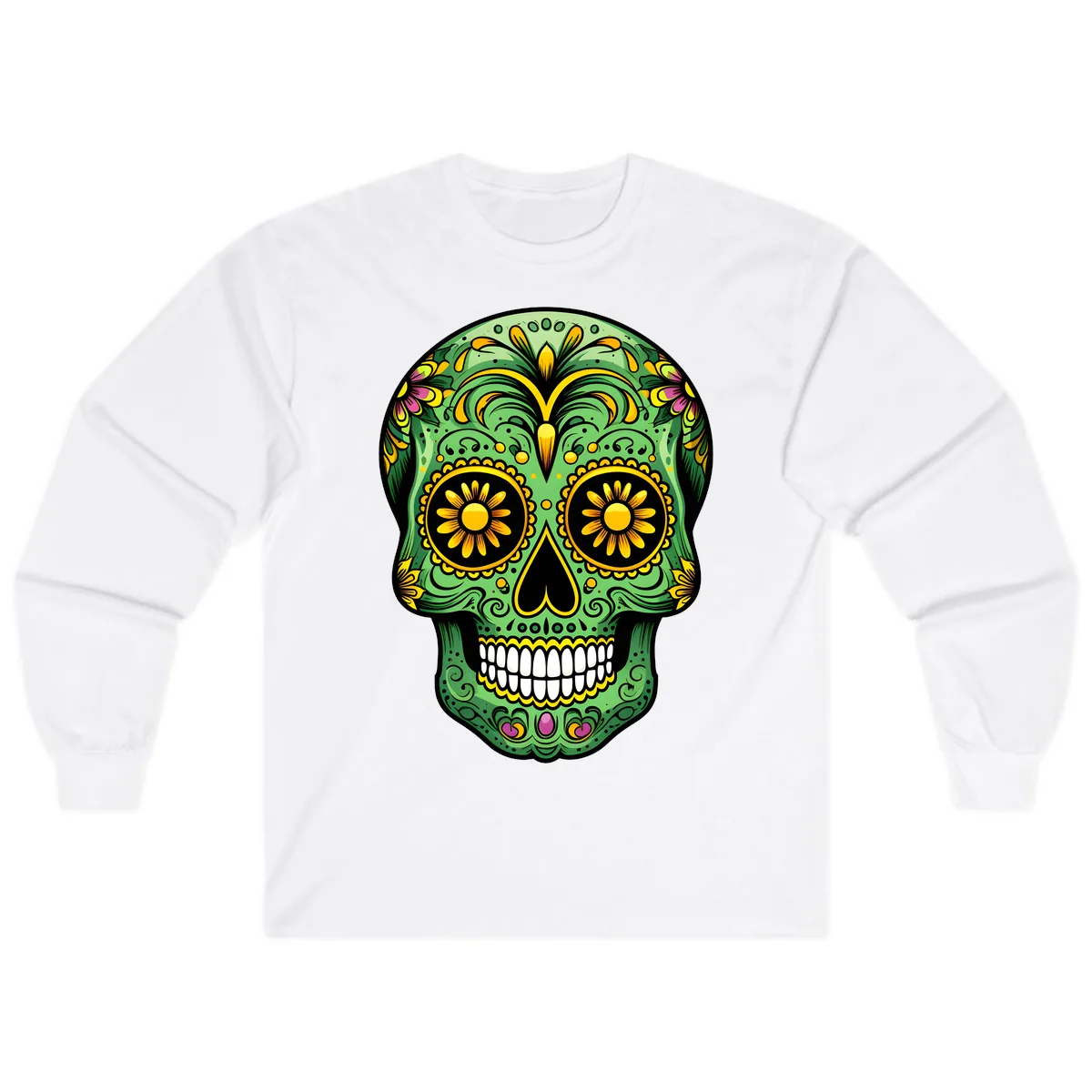 Vibrant Calavera Skull With Floral Accents Long Sleeve in White