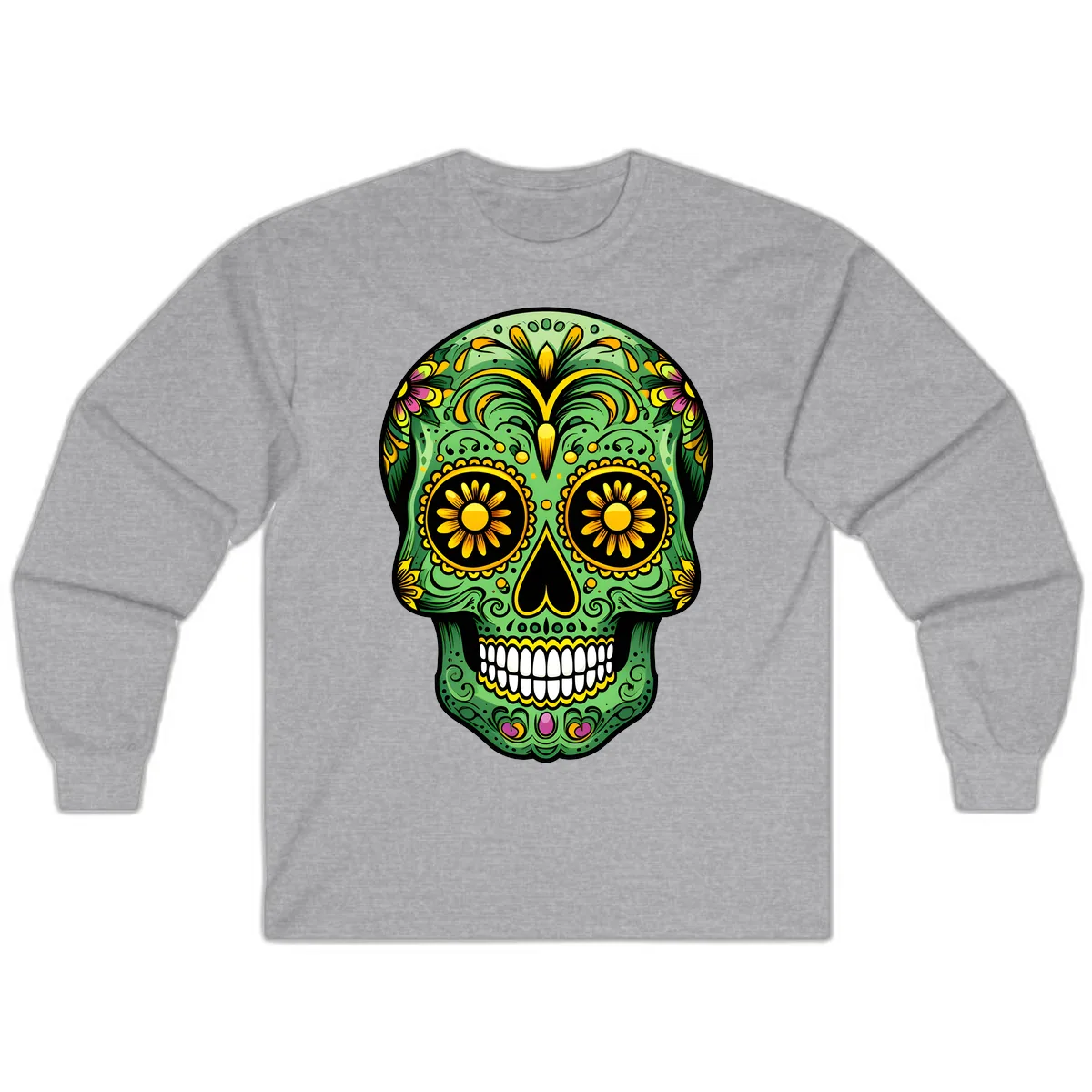 Vibrant Calavera Skull With Floral Accents Long Sleeve in Sport Grey