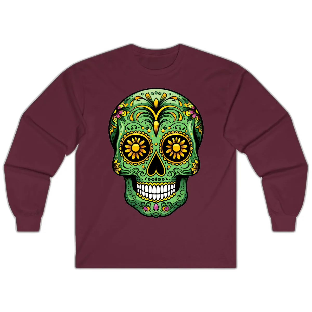 Vibrant Calavera Skull With Floral Accents Long Sleeve in Maroon