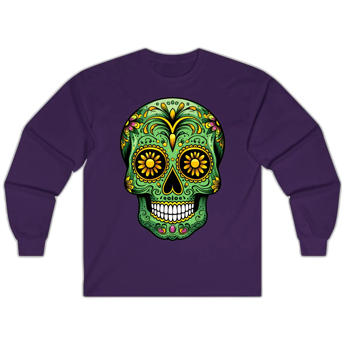 Vibrant Calavera Skull With Floral Accents Long Sleeve in Purple