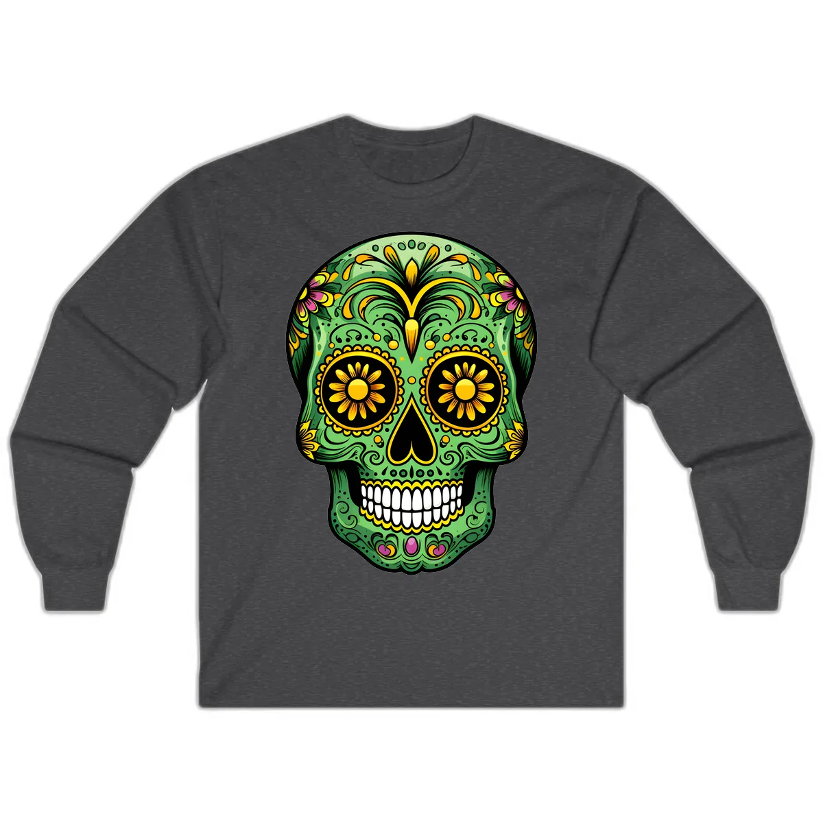 Vibrant Calavera Skull With Floral Accents Long Sleeve in Dark Heather