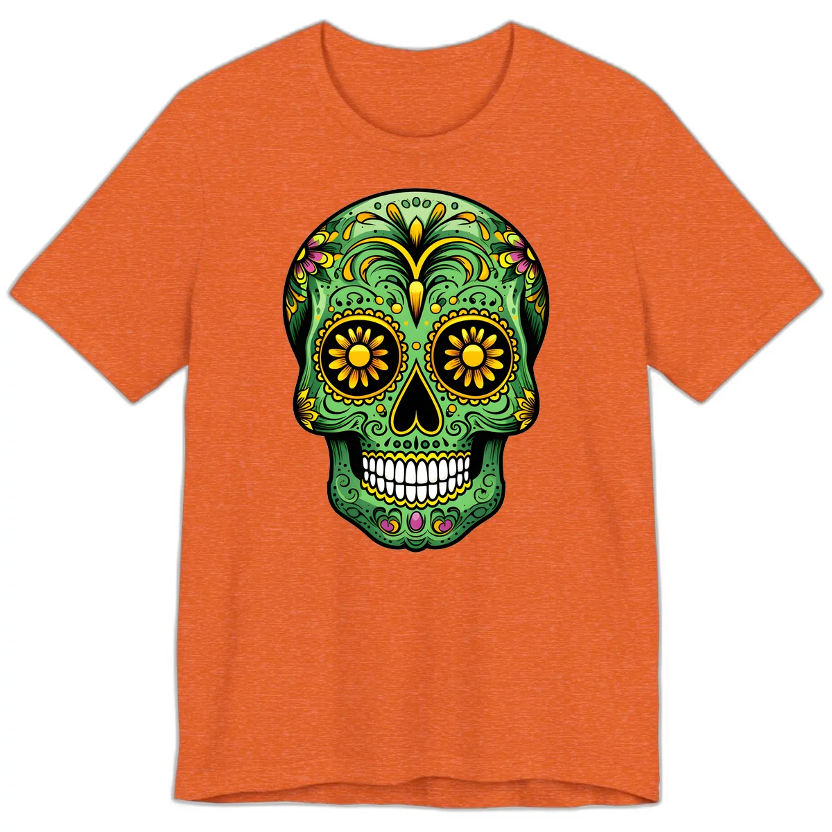 Vibrant Calavera Skull With Floral Accents Premium T-Shirt in Heather Orange