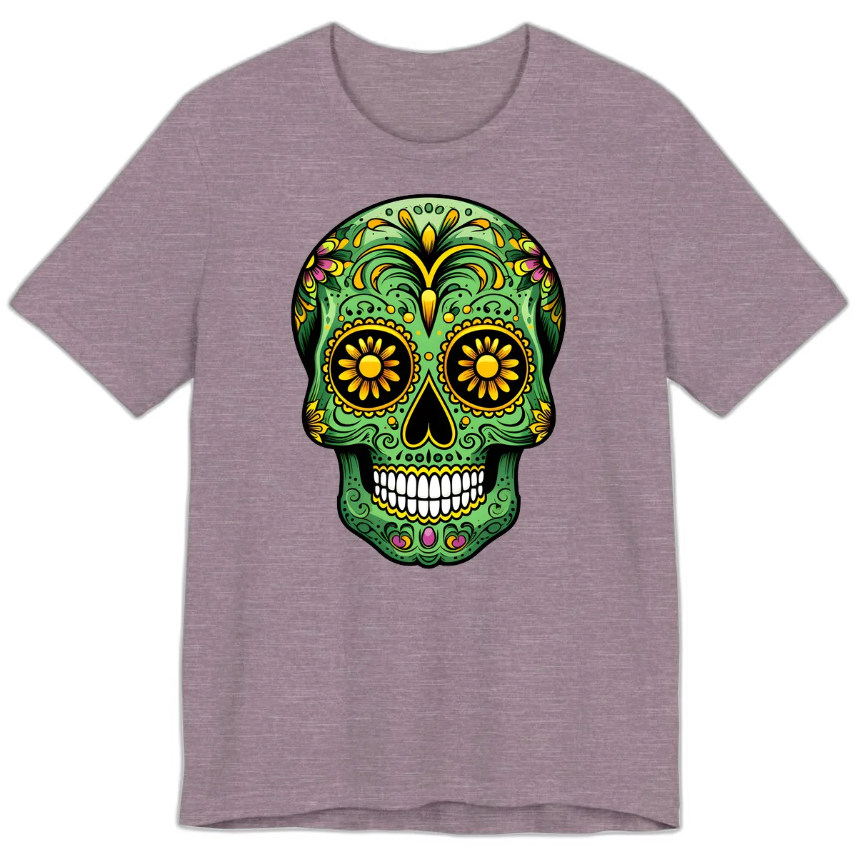 Vibrant Calavera Skull With Floral Accents Premium T-Shirt in Heather Purple