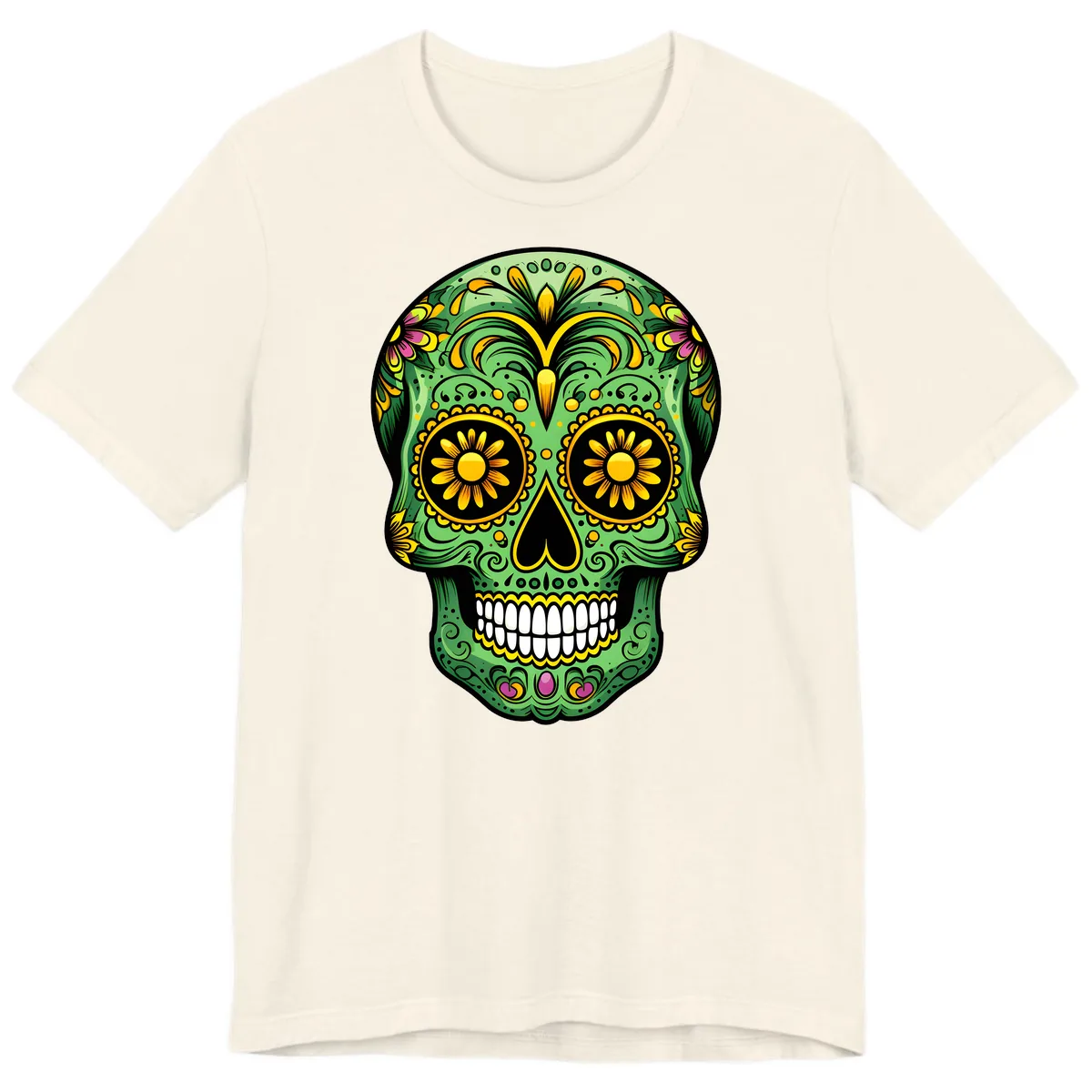 Vibrant Calavera Skull With Floral Accents Premium T-Shirt in Natural