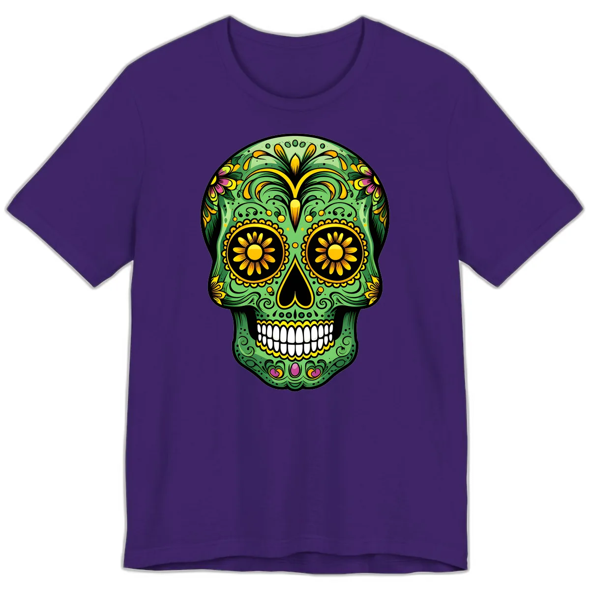 Vibrant Calavera Skull With Floral Accents Premium T-Shirt in Team Purple