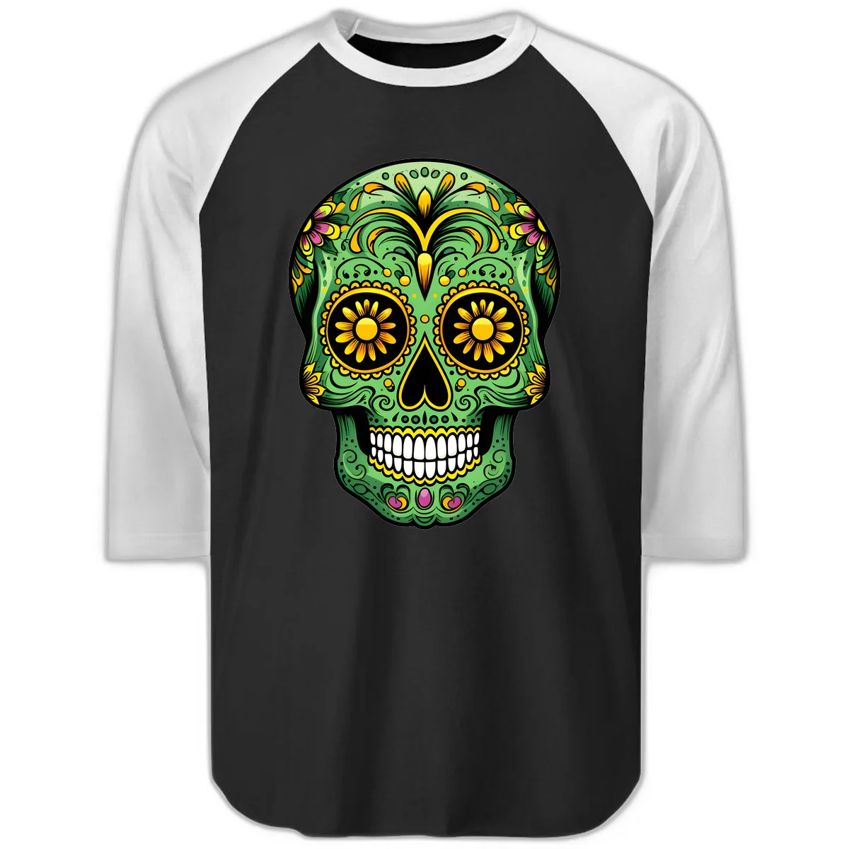 Vibrant Calavera Skull With Floral Accents Raglan 3/4 in Black White
